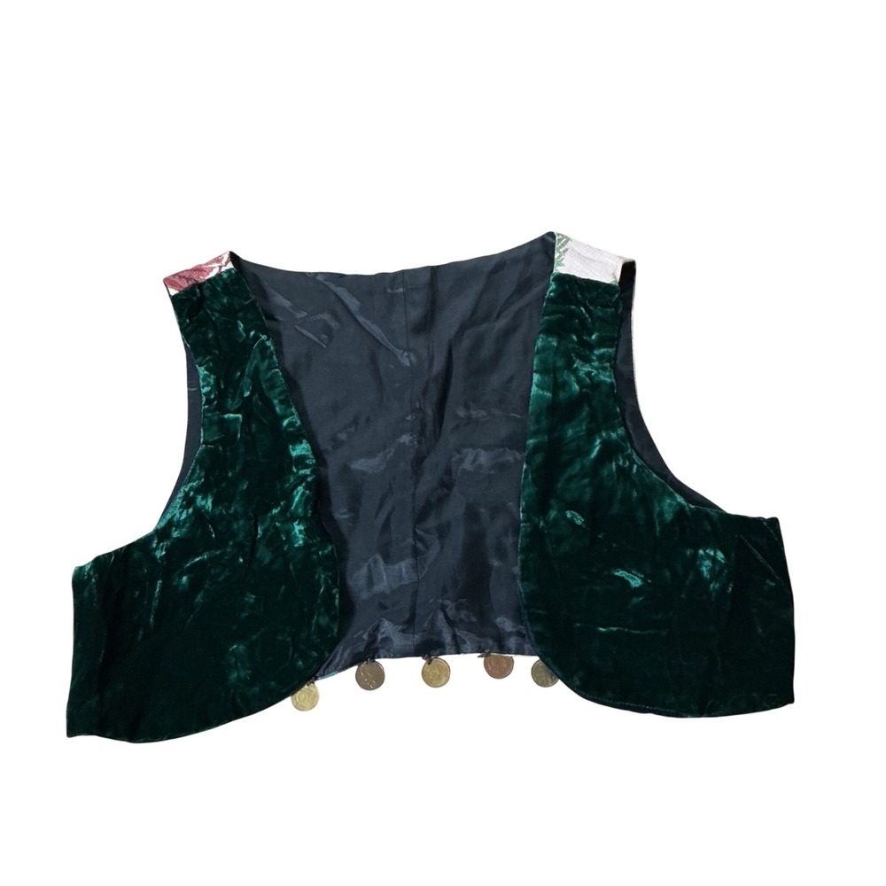 Vintage Style Boho Velvet Tapestry Coin Vest Women L Green Floral Festival